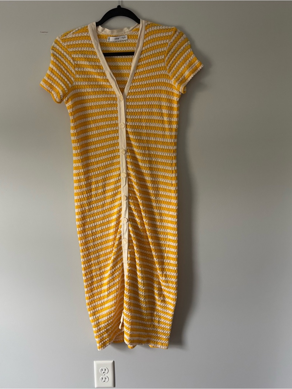 Yellow & White Striped Knit Button-Front Crotchet Maxi Dress/Duster